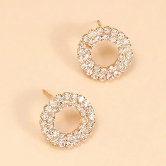 Yellow Gold Women's Elegant Geometric Circle Shaped Rhinestone Stud Earrings - Picture 2 of 5